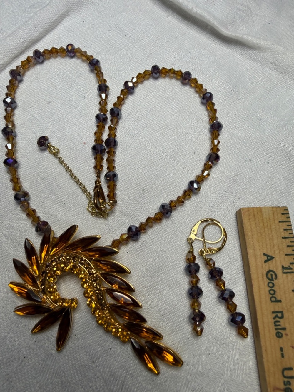 Gold Amber Crystal Statement Necklace & Earrings - Picture 3 of 6